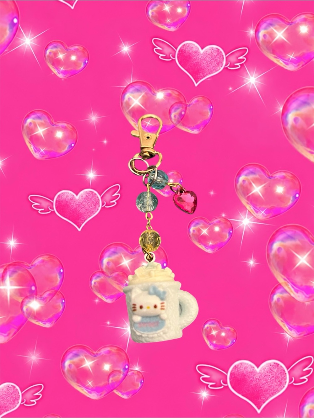 Hello Kitty White & Blue Mug Charm Keychain with Gold Clip